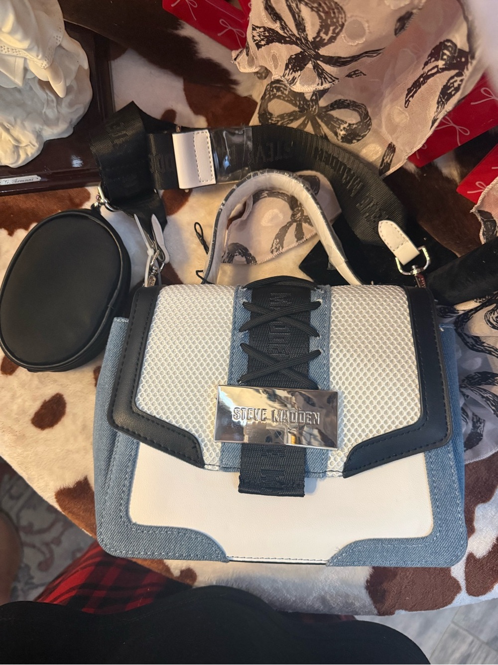 Steve Madden White Blue Black Mixed-Material Crossbody Bag